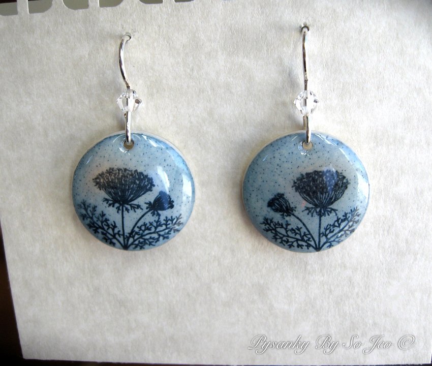 Blue Queen Anne's Lace Earrings Pysanky By So Jeo